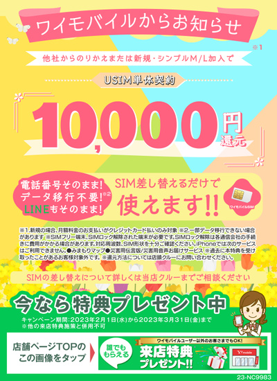 USIM単体契約 10000円還元