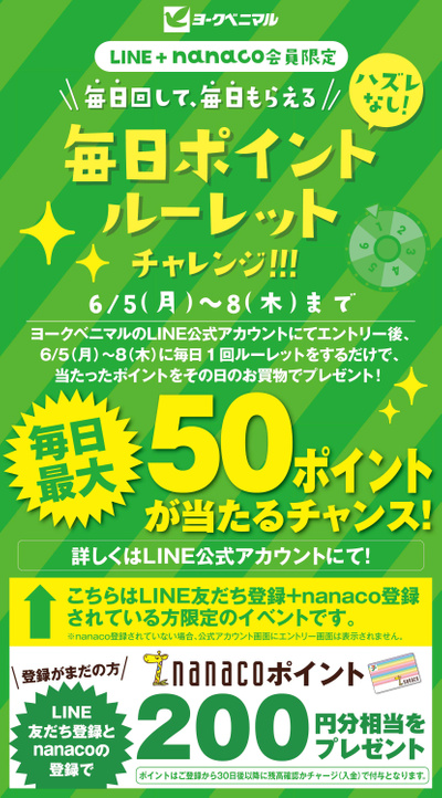 【LINE+nanaco会員限定】毎日回して、毎日貰える♪毎日ポイントルーレットチャレンジ!
